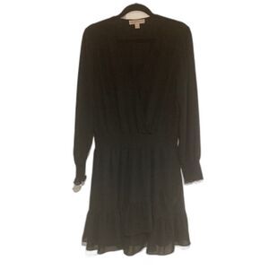 Michael Kors Julia Dress Sz XL Black Smocked Waist V-Neck Tiered Ruffle Mini